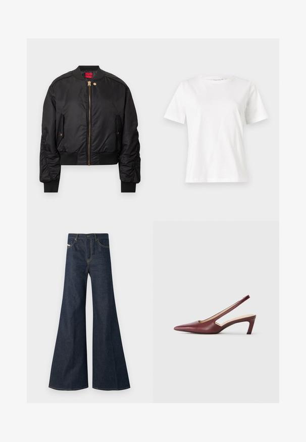 Black bomber jacket with a zip front, ribbed collar and cuffs, side pockets, and gold hardware accents. Smooth exterior texture.; White cotton t-shirt with short sleeves, round neckline, and a relaxed fit. Smooth texture, no patterns or accents, minimalistic design.; Dark blue flared jeans made of denim, featuring a high waist, gold stitching accents, and two front pockets with a button closure.; Burgundy slingback heels with a pointed toe, cutout details on the side, and a mid-height block heel. Smooth leather finish.