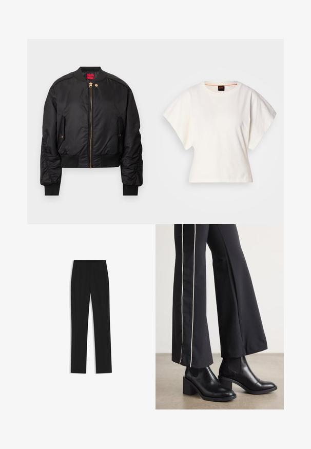 Black bomber jacket with a zip front, ribbed collar and cuffs, side pockets, and gold hardware accents. Smooth exterior texture.; White cropped T-shirt, short wide sleeves, soft cotton material, round neckline with subtle orange trim, minimal design, no patterns or graphics.; Black tailored trousers with a straight-leg design, featuring front pockets and a smooth, textured fabric. Neat, minimal detailing.; Black leather ankle boots with a block heel, featuring elastic side panels. Paired with black pants that have a white side stripe.
