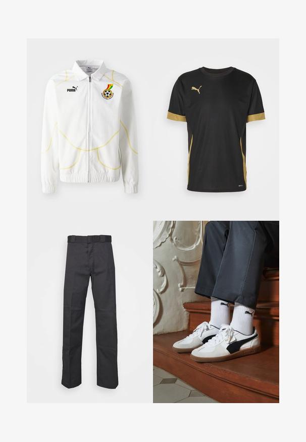White zip-up jacket with yellow geometric stitching. Features Puma logo and Ghana Football Association emblem on the left chest. Elastic cuffs.; Black athletic T-shirt with gold accents on sleeves and side. Features a round neck, short sleeves, and moisture-wicking DRYCELL fabric.; Black pants made of durable fabric, featuring a straight leg design, a waistband with belt loops, and seams for added texture.; Puma sneakers in white and black suede, featuring a brown rubber sole. Paired with white socks displaying a black logo, worn with dark pants.