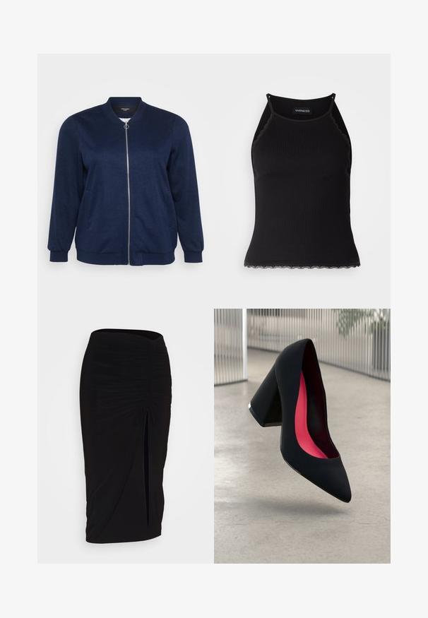 Tengerészkék bomberdzseki elől cipzárral, két oldalsó zsebbel, bordás mandzsettákkal és puha textúrával. Alkalmas hétköznapi viseletre.; Fekete bordázott ujjatlan felső, csipkés, fodros szegéllyel az alján. Vékony pántokkal és testhez simuló kialakítással rendelkezik. Stretch anyagból készült.; Fekete, ráncolt ceruzaszoknya kötött részlettel és oldalsó hasítékkal. Rugalmas anyagból készült, sima textúrával és testhez álló kialakítással.; Fekete magassarkú cipő hegyes orral, textúrált felülettel és élénk rózsaszín béléssel. Vastag sarokkal rendelkezik, ezüst kiegészítővel.