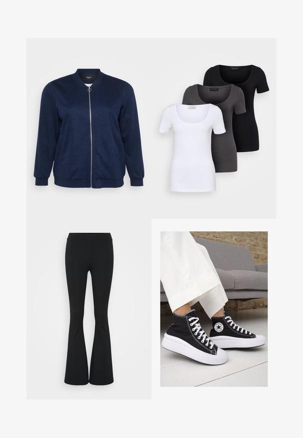 Navy blue bomber jacket with a front zipper, two side pockets, ribbed cuffs, and a soft texture. Suitable for casual wear.; Three fitted T-shirts in white, gray, and black. Each features a wide scoop neckline and short sleeves. Made from smooth, stretchy fabric.; Black flared pants made of stretchy fabric, featuring a high waistband and a smooth texture. The pants flare out from the knee.; Black canvas high-top sneakers with white rubber soles and laces. Features a circular logo on the side and contrasting white stitching.