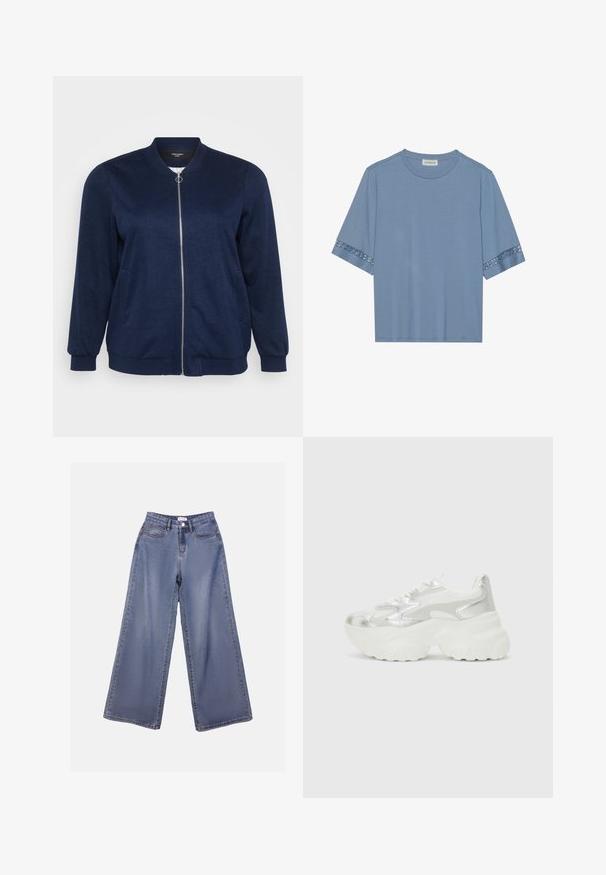 Marineblå bomberjakke med frontlynlås, to sidelommer, ribbede manchetter og en blød tekstur. Velegnet til afslappet brug.; Lys blå kortærmet t-shirt med blonder på ærmerne, blødt stof, rund hals, afslappet pasform og ingen synlige logoer eller mønstre.; Bredde denim jeans i en lys blå vask, med høj talje, forlommer og knaplukning med bæltestropper.; Sølv sneakers med en struktureret mesh-overdel og iriserende detaljer, der har en kraftig hvid sål og snørebåndslukning.
