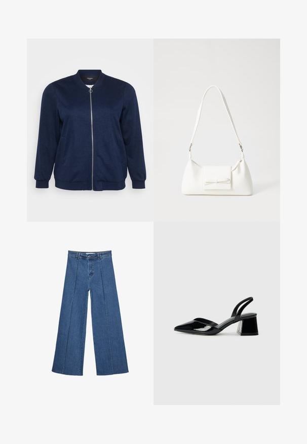 Navy blue bomber jacket with a front zipper, two side pockets, ribbed cuffs, and a soft texture. Suitable for casual wear.; Black short-sleeve crop top made of soft fabric, featuring a round neckline and a relaxed fit with a clean hemline.; Wide-leg denim jeans in medium blue, featuring a high waist, button closure, and contrasting vertical seam details along the front.; Black patent leather slingback heels with a pointed toe and a geometric block heel. Features a sleek, minimal design and smooth texture.; White synthetic handbag with a triangular shape, flat front flap and bow detail, adjustable strap, smooth texture, and minimalistic design.