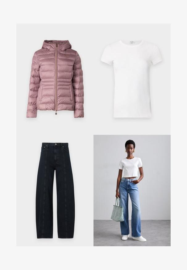 EA7 Emporio Armani GIUBBOTTO - Zimska jakna - pink; Bijela rebrasta kratkotrajna majica s okruglim izrezom. Tkanina izgleda glatko s prilagođenim siluetom. Vidljiva oznaka branda na ovratniku.; Široke tamne traperice s visokim strukom, s kontrastnim šavovima i klasičnim stilom s pet džepova. Glatka tekstura, bez vidljivih uzoraka.; Bijela rebrasta kratka majica, svijetloplave široke traperice i bijele tenisice. Drži torbu od džearnog platna u zelenoj i bijeloj prugastoj boji.