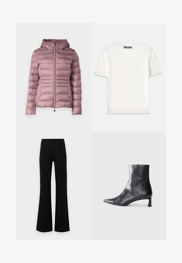 EA7 Emporio Armani - Kurtka zimowa; Biała krótki rękaw dzianinowa bluzka z okrągłym dekoltem, charakteryzująca się gładką teksturą i subtelnymi prążkowanymi akcentami na rękawach oraz u dołu.; Czarne rozszerzane spodnie z wysokim stanem, wykonane z elastycznego materiału. Posiadają pionowe szwy z przodu oraz gładką teksturę.; Czarne skórzane botki sięgające kostki z ostrym noskiem i eleganckim designem. Posiadają niski obcas oraz zamek błyskawiczny z tyłu. Gładka faktura.