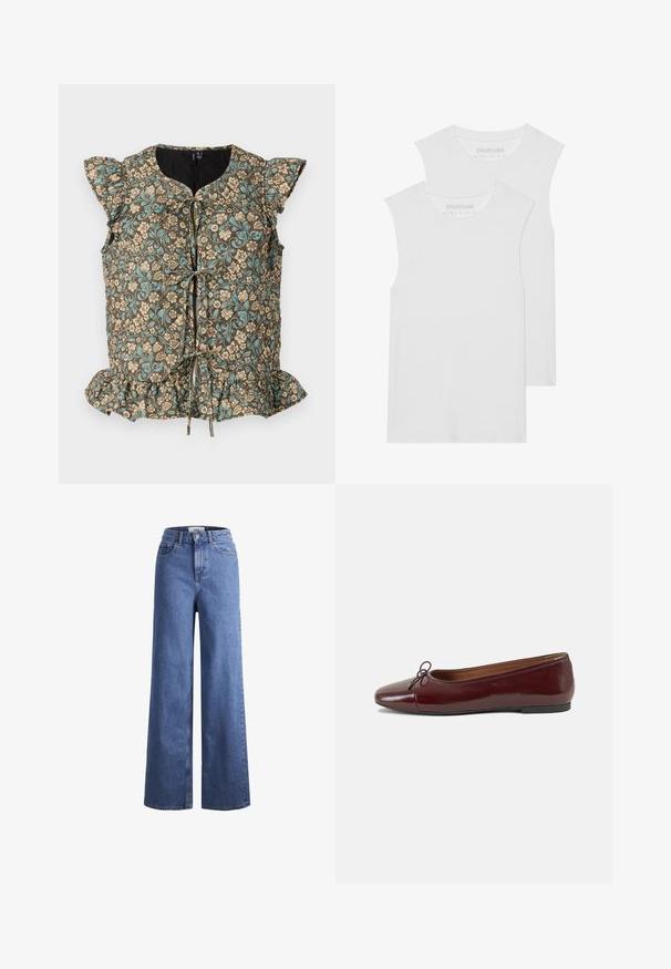 Floral print top featuring a brown background, blue and beige flowers, ruffled sleeves, a tie front, and a frilled hem. Cotton blend material.; Two white sleeveless T-shirts made of soft cotton fabric, featuring a rounded neckline and no visible patterns or hardware.; Light blue denim wide-leg jeans with a high waist, two front pockets, and visible stitching. Features a button and zipper closure.; Burgundy patent leather ballet flat with a rounded toe, small bow accent at the front, and a low, black rubber sole. Smooth texture.