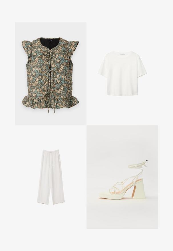 Top s kvetinovým vzorom na hnedom podklade, modrými a béžovými kvetmi, riasenými rukávmi, viazaním vpredu a volánovým lemom. Materiál z bavlnenej zmesi.; Biela krátkopsová tričko vyrobené z bavlny. Má okrúhly výstrih a voľný strih. Hladká textúra bez viditeľných vzorov alebo akcentov.; Biele široké nohavice vyrobené z ľahkej tkaniny. Obsahujú elastický pás so sťahovacou šnúrkou a bočné vrecká. Hladká textúra.; Biele sandále na vysokom opätku s hrubým podpätkom, s pruhovaným dizajnom a viazaním na členku. Hladký povrch s platformou vpredu pre zvýšenú výšku.