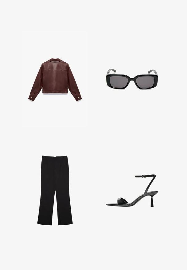Giacca di pelle bordeaux con design cropped, maniche lunghe, colletto a punta e dettagli con bottoni a pressione sui polsini. Texture liscia.; Top nero a maniche corte realizzato in tessuto liscio; presenta un colletto drappeggiato e un orlo asimmetrico, con una vestibilità aderente.; Pantaloni neri a gamba dritta, con tasche frontali e spacchi laterali all'orlo. Realizzati in tessuto morbido e liscio. Adatti a diverse occasioni.; Bershka Sandali con tacco - black; Occhiali da sole neri rettangolari con lenti scure, montatura in plastica liscia e tempie curve. Il design è voluminoso con un'estetica minimalista.