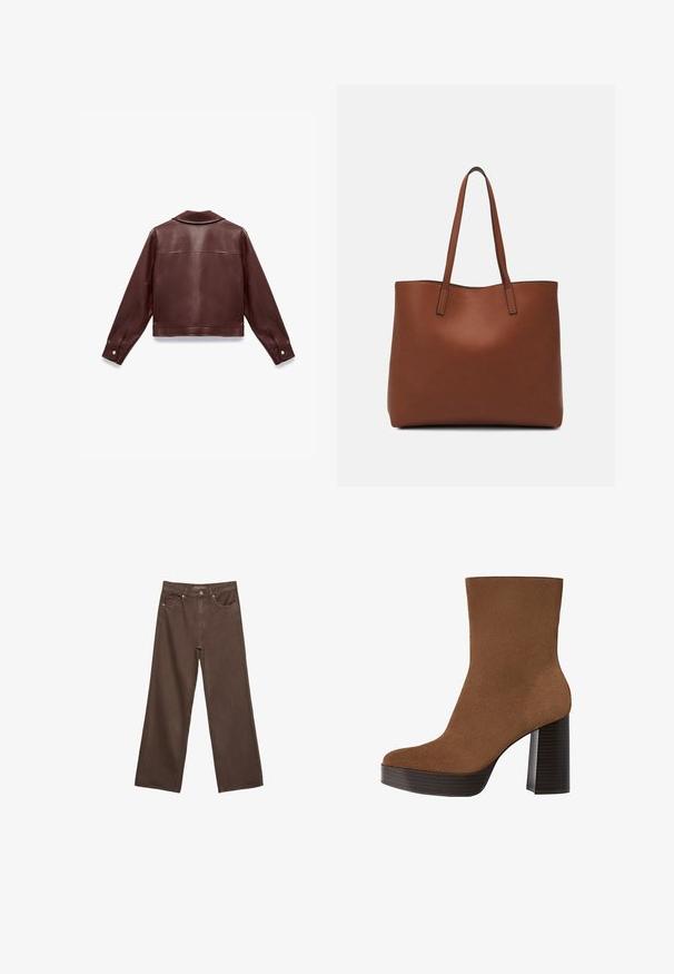 Burgundowa skórzana kurtka o skróconym kroju, z długimi rękawami, klapowym kołnierzem oraz zatrzaskami na mankietach. Gładka tekstura.; Brązowa koszulka z krótkim rękawem, wykonana z miękkiego materiału, z okrągłym dekoltem i luźnym krojem. Brak widocznych wzorów lub akcentów.; Szerokie brązowe dżinsy wykonane z denimu, z wysokim stanem, przednimi kieszeniami i klasycznym zapięciem na guzik. Gładka faktura z subtelnym przeszyciem.; Brązowe zamszowe botki sięgające kostki z zaokrąglonym noskiem, masywnym czarnym paskiem na obcasie i gładką powierzchnią. Charakteryzują się dopasowanym krojem bez widocznych elementów metalowych.; Brązowa skórzana torba tote o gładkiej fakturze, z otwartym wierzchem i dwoma ramiączkami. Charakteryzuje się minimalnym przeszyciem i brakiem widocznych elementów metalowych.