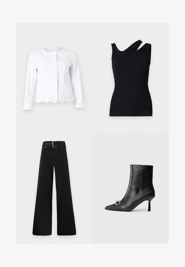 Valge denim jakk, millel on ümar kaelus, ees taskud ja laineline äär, kaunistatud lilleline tikand. Pikad varrukad.; Must mustriga tank top mustalasaline varjundiga, millel on asümmeetriline disain ja üks rihm, mis ületab õla. Sile tekstuur ja keha lähedane lõige.; Mustad laiad mustad püksid, mis on valmistatud puuvillast, kõrge vöökoha, suurte küljetaskute ja kumerate rihmadega, kus on hõbedased detailid.; Must mustanvärvi nahast pahklinetopp, millel on terav nina, peen keskmise kõrgusega konts ja hõbedane keha detail külgedel, taustal lihtne taust.