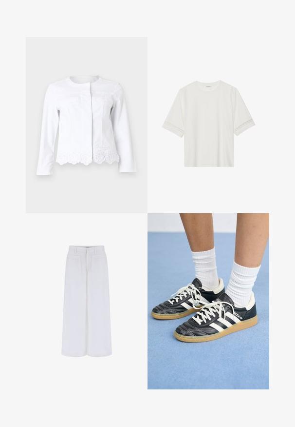 Baltas džinsinis švarkas su apvalia iškirpte, priekinėmis kišenėmis ir banginiu apvadu, puoštu gėlių siuvinėjimu. Ilgos rankovės.; Balta trumpomis rankovėmis marškinėliai, pagaminti iš medvilnės, su dekoratyviais nėriniais aplink rankoves ir apvaliu kaklu.; Baltos plačios kelnės su lygiu paviršiumi, turinčios dvi priekinės kišenes ir mygtuko užtraukimą, sukurtos laisvam prigludimui.; Juodos odinės sportbačiai su baltais dryžiais, apvalia nosimi, baltais raišteliais ir guminiu padu. Pabrėžti paminkštinta apykakle ir prekių ženklų detalėmis.
