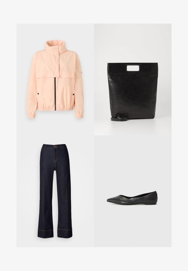 Világos rózsaszín szélálló dzseki magas gallérral, cipzáras elülső résszel, rugalmas mandzsettákkal és oldalsó zsebekkel; sima, könnyű anyagból készült.; Fehér, hosszú ujjú, galléros ing, amely pamutból készült. Gombos elülső része és egyetlen mellzsebe van. Simított textúra, laza szabás.; Sötét farmer széles lábú nadrág magas derékkal, elülső gombzárral és narancs varrású díszítéssel. Simává tengej átfogás.; Fekete bőr balettcipő hegyes orral, alacsony sarkú és sima textúrájú. Minimális dizájn, diszkrét oldalsó akcentussal.; Fekete bőr bevásárlótáska négyzet alakú fogantyúval, texturált felülettel és dombornyomott logóval. Tartalmaz egy levehető pántot.