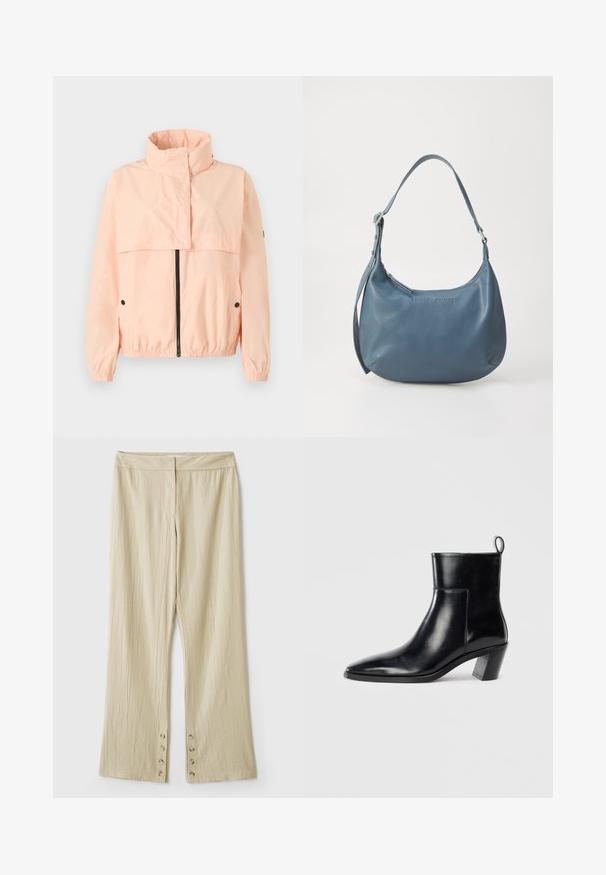 Jachetă ușoară de vânt roz deschis, cu guler înalt, fermoar frontal, manșete elastice și buzunare laterale; fabricată dintr-un material neted, ușor.; Top negru fără mâneci, cu gât rotund și spate cu un decupaj în formă de cheie. Prezintă pliseuri verticale pentru textură. Material fin cu un ușor luciu.; Pantaloni bej cu picioare late, dintr-un material texturat. Prezintă un talie plată și cinci nasturi la tiv pentru închidere. Design tutu.; Cizme negre din piele până la gleznă, cu vârful ascuțit, toc geometric patrulat și un manșon pentru tragere în spate. Textură netedă și design elegant.; Geantă de umăr din piele albastră, cu o formă rotunjită, bretea unică, închidere cu fermoar și numele brandului embosat pe față. Textură netedă.
