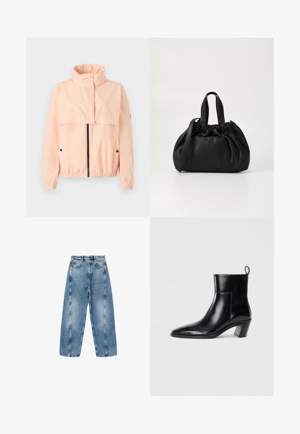 Hele roosa tuulejope kõrge kraega, lukuga esiosa, elastsete mansettidega ja küljetaskutega; valmistatud siledast ja kergest materjalist.; Valge puuvillane T-särk lühikeste varrukatega, ümmarguse kaelusega ja vabalt istuv. Sile tekstuur, ilma mustrite ja aktsentideta, minimalistik disain.; Heledad sinine teksade puhul on lahtine lõige, suured taskud ja kontrastne piste. Kanga pinnal on kulunud viimistlus ning sile tekstuur.; Must musta saapad terava nina, geomeetrilise kuuega ja tagaküljel tõmberaudaga. Sile tekstuur ja läikiv disain.; Mustmust mustkott mustrihmaga ülaosa disainiga, millel on kaks lühikest käepidet ja pikk reguleeritav rihm. Sile tekstuur, ümar kuju.