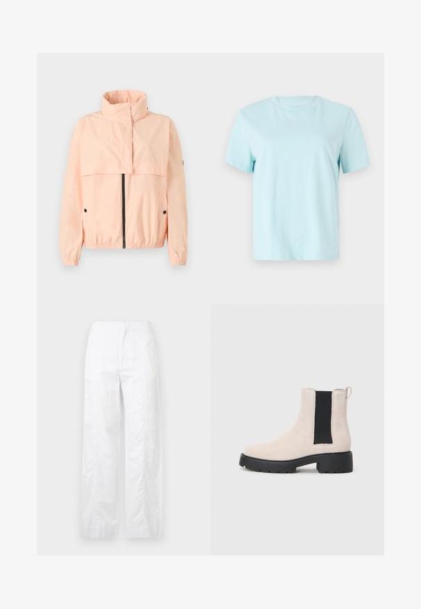 Light pink windbreaker jacket with a high collar, zippered front, elastic cuffs, and side pockets; made of smooth, lightweight material.; Light blue cotton t-shirt featuring short sleeves, a crew neck, and subtle 'Calvin Klein' embroidered logo on the front.; White wide-leg trousers made of lightweight fabric, featuring a smooth texture, clean lines, and a high waist design.; Beige suede Chelsea boot with black elastic side panel, chunky black sole, and pull tab at ankle.