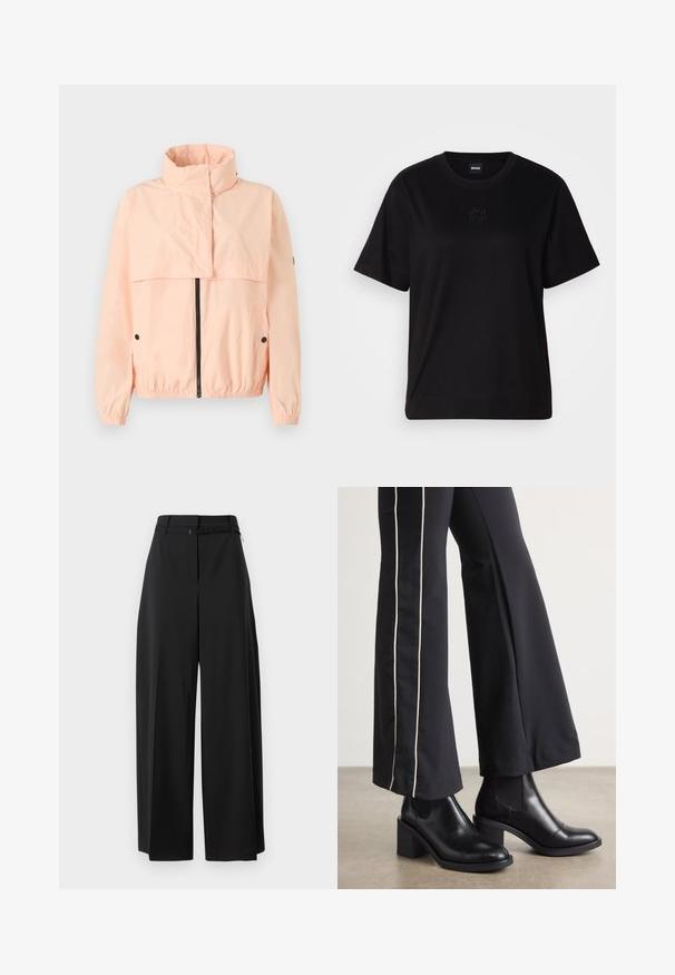 Light pink windbreaker jacket with a high collar, zippered front, elastic cuffs, and side pockets; made of smooth, lightweight material.; Black cotton t-shirt with a crew neckline, short sleeves, and an embroidered logo on the chest. Simple, relaxed fit with no patterns.; Black wide-leg trousers with a high waist and a belt. Features a smooth texture and clean lines, designed for a relaxed fit.; Black leather ankle boots with a block heel, featuring elastic side panels. Paired with black pants that have a white side stripe.