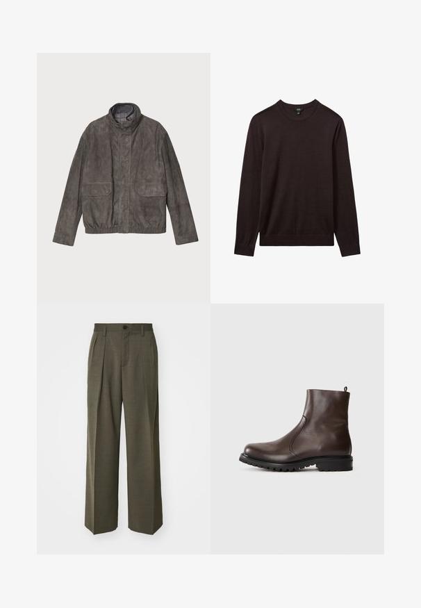 Szürke bársony kabát magas gallérral, két elülső zsebbel és rugalmas alsó résszel. Simának tűnő anyagú, laza szabású kialakítással rendelkezik.; Reiss Pulóver - dark bordeaux; Filippa K WIDE TROUSERS - Nadrágok - driftwood; Barna bőr bokacsizma sima textúrával, elasztikus oldalsó panelek, hátul húzófül és strapabíró gumitalp.