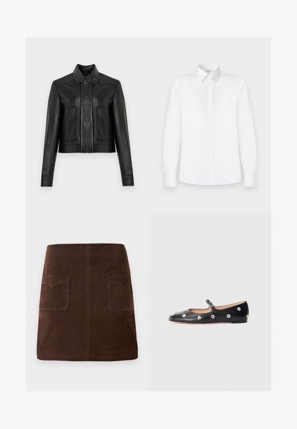 Juoda odinė trumpa striukė su sagų užsegimu, aštriu apykakliu ir dviem priekinėmis kišenėmis. Lygi tekstūra su kontrastingomis siūlių detalėmis.; Balta ilgomis rankovėmis marškinių, pagaminti iš lygios medžiagos, turi apykaklę ir mygtukų priekį su šviesiai rožiniais mygtukais.; Ruda veliūrinė sijonas, pasižymintis klasikinio A formos siluetu, dviem priekinėmis kišenėmis su apvaliais uždangaliukais ir subtiliais siuvinėjimo akcentais.; Juodų odinių Mary Jane plokščių batų su apvaliu pirštu, papuoštų sidabriniais apvaliais nagais ir reguliuojamu dirželiu su sagtimi.
