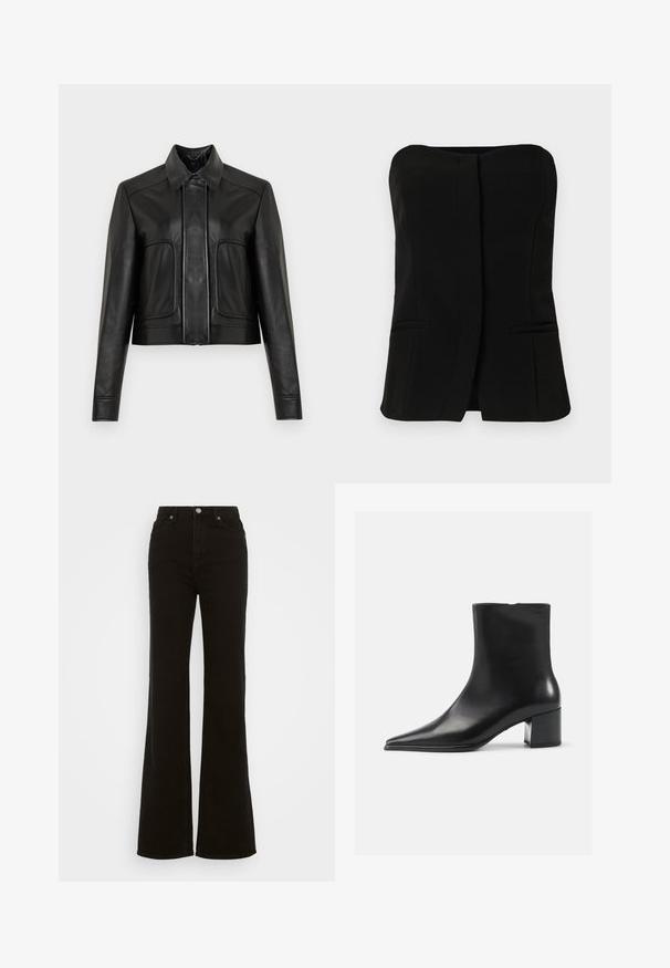 Melna ādas saīsināta jaka ar pogas aizdari, smailu apkakli un divām priekšējām kabatām. Gluda tekstūra ar kontrastējošām šuvēm.; Melna bez piedurknēm T-kreklā ar taisnu peņu, priekšējo pogu rindu un divām paslēptām sānu kabatām. Gluda auduma, ar izsmalcinātu dizainu.; Augstas jostas melni izplūduši džinsi, kas izgatavoti no denima, ar pogu aizdari, sānu kabatām un gludu tekstūru.; Melnas ādas potītes zābakus ar norādītu pirkstu, gludu tekstūru un vidēju bloku papēdi. Minimālisma dizains, ar rāvējslēdzēju aizmugurē.