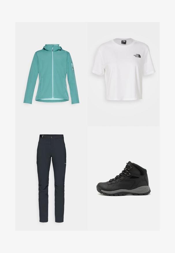 Light teal softshell jacket with a zip front, hood, and side pockets. Features a zip pocket on the left arm. Smooth texture, casual design.; White cropped t-shirt made of cotton with a round neckline and short sleeves. Features a black logo on the left chest.; Men's outdoor pants, dark gray, made from flexible material, featuring a belt, zippered pockets, and reinforced stitching.; Black hiking boot with a mid-top design, featuring a textured upper, gray accents, and durable rubber sole with traction lugs.