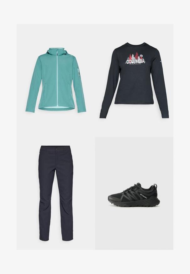 Giacca softshell di un leggero teal con zip frontale, cappuccio e tasche laterali. Presenta una tasca con zip sul braccio sinistro. Texture liscia, design informale.; Maglietta a maniche lunghe grigia scura con una grafica di alberi rossi e montagne; logo "COLUMBIA" in caratteri bianchi in grassetto. Tessuto morbido, scollatura a girocollo standard.; Pantaloni blu navy realizzati in tessuto liscio, con chiusura frontale a bottone, design slim-fit e pieghe decorative sulle ginocchia.; Columbia PEAKFREAK - Scarpa da hiking - black