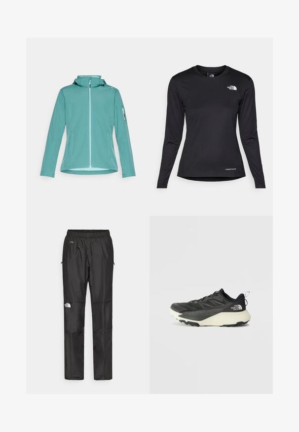 Light teal softshell jacket with a zip front, hood, and side pockets. Features a zip pocket on the left arm. Smooth texture, casual design.; The North Face SHADOW LONG SLEEVE - Long sleeved top - black; Black waterproof pants made from lightweight fabric, featuring an elastic waistband, side pockets, and a logo on the left leg.; Black athletic shoe with a textured upper, featuring gray accents and a white midsole. Includes a pull tab and prominent brand logo on the heel.
