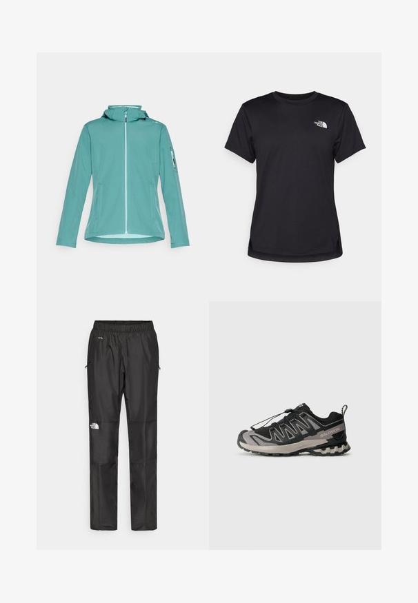 Gaišs teals krāsas softshell jaka ar rāvējslēdzēju priekšā, kapuci un sānu kabatām. Iekļauj rāvējslēdzēja kabatu kreisajā rokā. Gluda tekstūra, ikdienišķs dizains.; The North Face FLEX SHORT SLEEVES TEE - Sporta krekli - black; Melnas ūdensnecaurlaidīgas bikses, kas izgatavotas no viegla materiāla, ar elastīgu jostu, sānu kabatām un logotipu uz kreisās kājas.; Melnas un pelēkas sporta apavus ar sietveida augšdaļu, gumijas zoli un elastīgu šņorēšanas sistēmu. Iespējama pastiprināta purngala un teksturēti akcenti.