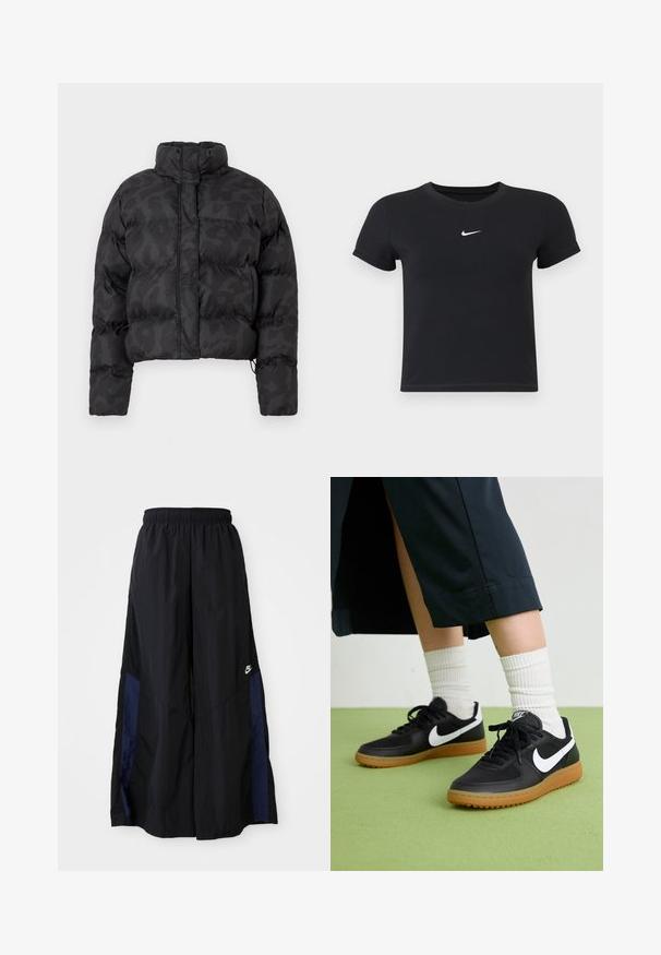 Kratka črna puhovka z diskretnim camo vzorcem, visokim ovratnikom in elastificiranimi manšetami. Material se zdi sijoč in izoliran.; Črna kratka majica z rokavi iz bombaža s krožnim vratnim izrezom. Ima bel Nike logotip na prsih, minimalističen dizajn in oprijet kroj.; Črne široke hlače iz lahkega materiala, z morsko modrim stranskim panelom in elastičnim pasom. Majhna bela oznaka na dnu.; Črne usnjene in sintetične superge z belim Nike swooshom, gumo na podplatu, okroglo konico ter črnimi vezalkami. Vidne so rebraste bele nogavice.