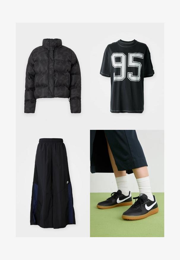 Przycięta czarna kurtka puchowa z delikatnym wzorem kamuflażowym, wysokim kołnierzem i elastycznymi mankietami. Materiał wydaje się błyszczący i ocieplany.; Czarny bawełniany t-shirt z krótkim rękawem, z białym nadrukowanym numerem "95" z przodu i kontrastującymi szwami wzdłuż krawędzi.; Czarne spodnie szerokie wykonane z lekkiego materiału, z granatowym bocznym panelem i elastycznym paskiem w talii. Małe białe logo na dole.; Czarne skórzane i syntetyczne sneakersy z białym logo Nike, gumową podeszwą, okrągłym noskiem i czarnymi sznurowadłami. Widziane są ribbowane białe skarpetki.