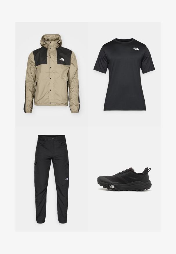 The North Face M SEASONAL MOUNTAIN JACKET - EU - Lauko striukė - clay grey; Juoda trumpų rankovių marškinėliai, pagaminti iš lengvos, drėgmę praleidžiančios medžiagos. Viršuje kairėje krūtinės pusėje yra balta logotipo etiketė, o apykaklė yra klasikinio stiliaus.; The North Face HORIZON PANT - Lauko kelnės - black; Juoda bėgimo batai su tekstūruotu paviršiumi, guma padais ir sustiprinta pirštų dalimi. Yra paminkštinta apykaklė ir kilpos, leidžiančios lengvai užsidėti.