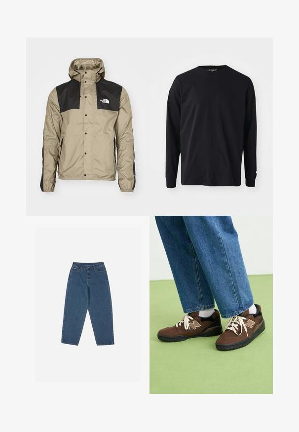 The North Face M SEASONAL MOUNTAIN JACKET - EU - Casaco para exterior - clay grey; T-shirt preto de manga longa feito de algodão, com decote redondo e corte reto, apresentando um pequeno detalhe de logo na manga.; Calças de ganga azul com um corte descontraído, cintura alta, design de cinco bolsos e detalhes em costura. Apresenta um fecho com botão e zíper.; Ténis de camurça castanho com detalhes em preto e um logótipo branco, com atacadores brancos e uma sola de borracha texturizada preta. Usados com calças de ganga azuis.