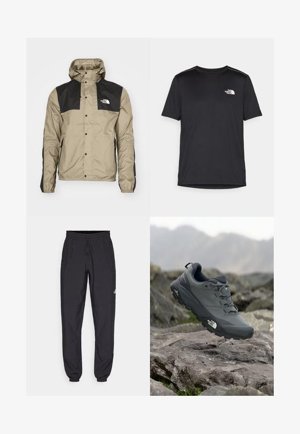 The North Face SEASONAL MOUNTAIN JACKET - Tunn jacka - clay grey; Svart kortärmad T-shirt i lättviktig tyg. Har en liten vit logotyp på vänster bröst och subtila axeltoner.; Svarta träningsbyxor tillverkade av lättviktsmaterial, med dragsko i midjan, sidofickor och avsmalnande muddar vid anklarna.; Grå trail löparskor med en texturerad ovandel, hållbar gummisula och förstärkt tåparti. Har snören och logotyp på sidan.