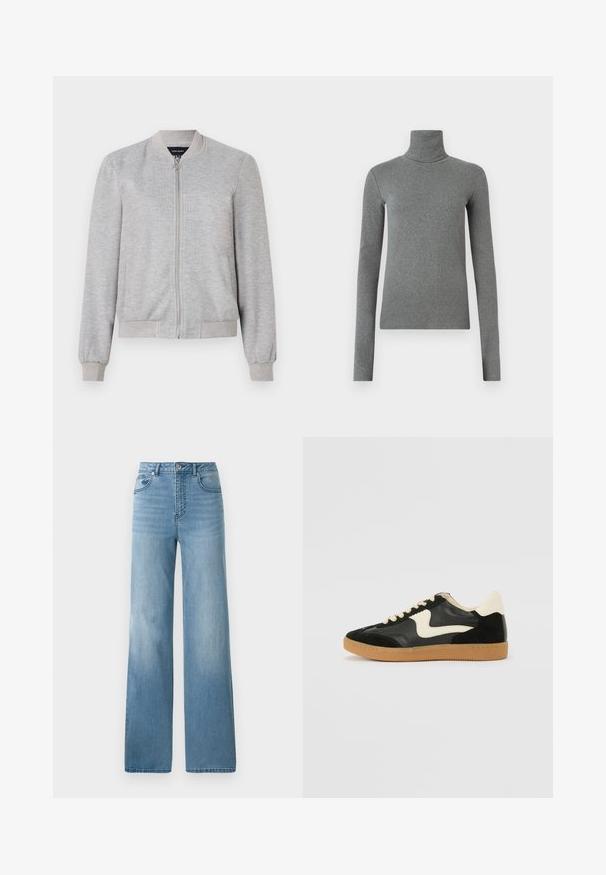 Jasnoszara kurtka bombowiec z pełnym zamkiem i ściągaczami, charakteryzująca się prostym wzornictwem. Bez wzorów ani ozdób.; Szary sweter z golfem wykonany z gładkiego, elastycznego materiału. Długie rękawy, dopasowany krój, minimalna tekstura, bez widocznych wzorów czy elementów metalowych.; Jasnoniebieskie dżinsy z wysokim stanem i prostą nogawką. Wykonane z denimu, z pięcioma kieszeniami i zapięciem na guziki.; Czarne zamszowe i skórzane sneakersy z kremowym boku i jasnokremowym piętą. Posiada beżowe sznurowadła i gumową podeszwę.
