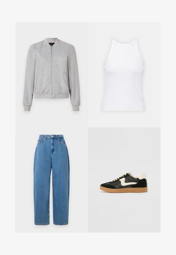 Jachetă bomber gri deschis, cu fermoar complet și manșete cu nervuri, având un design simplu. Fără modele sau embellishments.; Top alb fără mâneci, confecționat din material ribbed, prezentând un decolteu rotund și o siluetă ajustată, cu cusături minime și fără ornamente.; Pantaloni din denim de culoare bleu deschis, cu croială dreaptă, talie înaltă și închidere prin nasture frontal. Au cinci buzunare și detalii din cusături minime.; Tenisi din suede și piele negri cu un swoosh lateral de culoare crem și călcâi de un crem deschis. Prezintă șireturi bej și o talpă din rubber de tip gum.