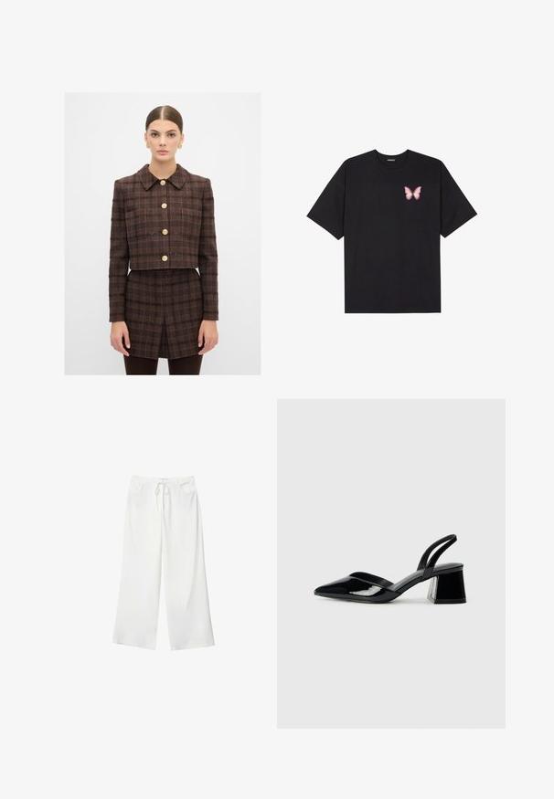Brun twilljakke med gyldne knapper, cropped design og plaidmønster. Lange ærmer og spids krave. Tekstureret stofdetalje.; Sort bomulds T-shirt med korte ærmer, prydet med en lille pink sommerfugl grafik på venstre bryst. Rund hals design med en afslappet pasform.; Hvide bukser med vidde lavet af blødt stof, med bindebånd i taljen og to forlommer. Glat tekstur og uden synlige mønstre.; Sorte patentlæder slingback hæle med spids tå og en geometrisk blok hæl. Har et elegant, minimalistisk design og en glat tekstur.