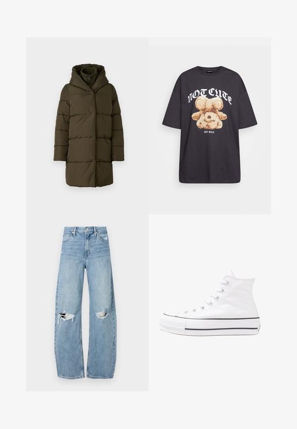 Alyvuogių spalvos pūkinė striukė su užtrauktuku priekyje, ilgomis rankovėmis ir kvadratine forma, turinti horizontalias siuvimo linijas ir sklandų paviršių.; Juodas per didelis marškinėliai su bearo grafika ir tekstu "NE SIAUBINGA, BET NERAMUS" bold baltomis raidėmis. Pagaminta iš medvilnės.; Šviesiai mėlynos, aukštu juosmeniu džinsai pagaminti iš džinsinio audinio. Turi plačias kojų kelnes, dvi suplėšytas kelio vietas ir klasikinį penkių kišenių dizainą.; Balti aukštakulniai drobės sportbačiai su juodu guminio pado, priekinio guminio piršto dangteliu ir šešiais akytėmis raištams, pasižymintys švariu, minimalistiniu dizainu.