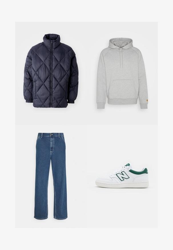 Ναυτική πλούσια τζάκετ με διαμαντένιο καπιτονέ σχέδιο, ψηλό γιακά, μπροστινή φερμουάρ και ελαστικούς καρπούς για στενή εφαρμογή. Μαλακό, λαμπερό νάιλον υλικό.; Γκρι φούτερ με κουκούλα, διαθέτει τσέπη καγκουρό, ριμπ μανίκια και στρίφωμα, με λογότυπο στην αριστερή μανσέτα. Μαλακή υφή υφάσματος.; Μπλε τζιν παντελόνι με ίσια γραμμή, σχέδιο πέντε τσεπών, κλείσιμο με μεταλλικό κουμπί και εμφανή ραφή κατά μήκος των ραφών και του περιθωρίου.; Λευκό sneakers με πράσινες λεπτομέρειες, δερμάτινη επένδυση, τρύπες στη μύτη, κούμπωμα με κορδόνια και υφασμένο καουτσούκ στη σόλα. Έχει το χαρακτηριστικό λογότυπο "Ν".
