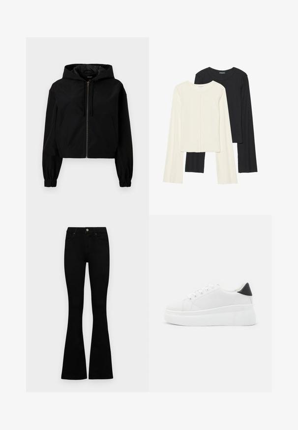 Casaco preto curto com capuz, apresentando um fecho na frente, punhos elásticos e um bolso frontal espaçoso. Feito de material liso e leve.; Conjunto de duas blusas de manga longa em branco e preto. Textura canelada, decote redondo, design ajustado com mangas ligeiramente evasê.; Jeans pretos de cintura alta com fecho de botão e zíper, bolsos frontais e pernas largas dispostos em cima de um fundo branco.; Tênis plataforma brancos feitos de material sintético suave, apresentando ponta arredondada, design com cadarços e sola de borracha texturizada. Acento preto no calcanhar.