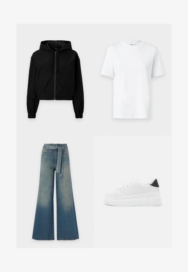 Melnā īsā jakā ar kapuci, kas aprīkota ar priekšu rāvējslēdzi, elastīgām piedurknēm un plašu priekšējo kabatu. Izgatavota no gludas, vieglas materiāla.; Balts kokvilnas t-krekls ar apaļu kakla izgriezumu, īsām piedurknēm un gludu tekstūru. Izstrādāts ar brīvu piegriezumu, lai nodrošinātu komfortu un daudzpusību.; Platām kājām džinsu bikses ar gaismas līdz tumši zilam gradientam, augstu jostas līniju, jostas cilpām un atbilstošu auduma jostu. Tekstūrēts džinsas apdare.; Baltas platforma kedas, izgatavotas no gludas sintētiskas vielas, ar noapaļotu purngalu, saites dizainu un teksturētu gumijas zoli. Melna papēža akcenta detaļa.