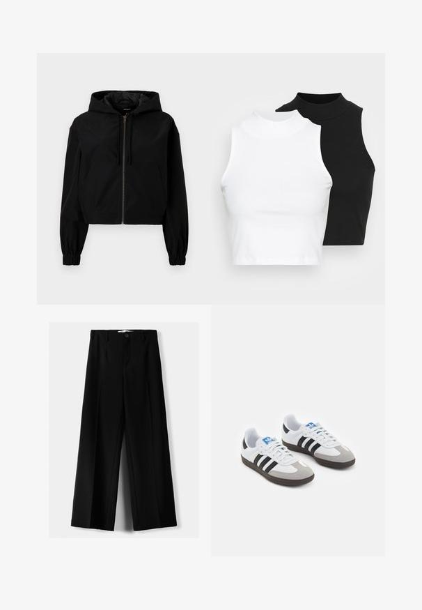 Crna skraćena jakna s kapuljačom, koja ima prednji zip, elastične manžete i prostranu prednju džep. Izrađena od glatkog, laganog materijala.; Dvije bezrukavne rebraste majice s visokim ovratnikom u crnoj i bijeloj boji, s prilagođenim dizajnom i glatkom teksturom, te skraćenom dužinom.; Crne široke hlače izrađene od lagane tkanine, s prednjim zatvaranjem na dugme i ravnim prednjim dijelom, sa uredno šivenim rubovima.; Sportske cipele s gornjištem od bijele kože, sivi suedinasti nos i tri crne pruge. Imaju plavi logo na jeziku i teksturiranu gumenu podlogu.