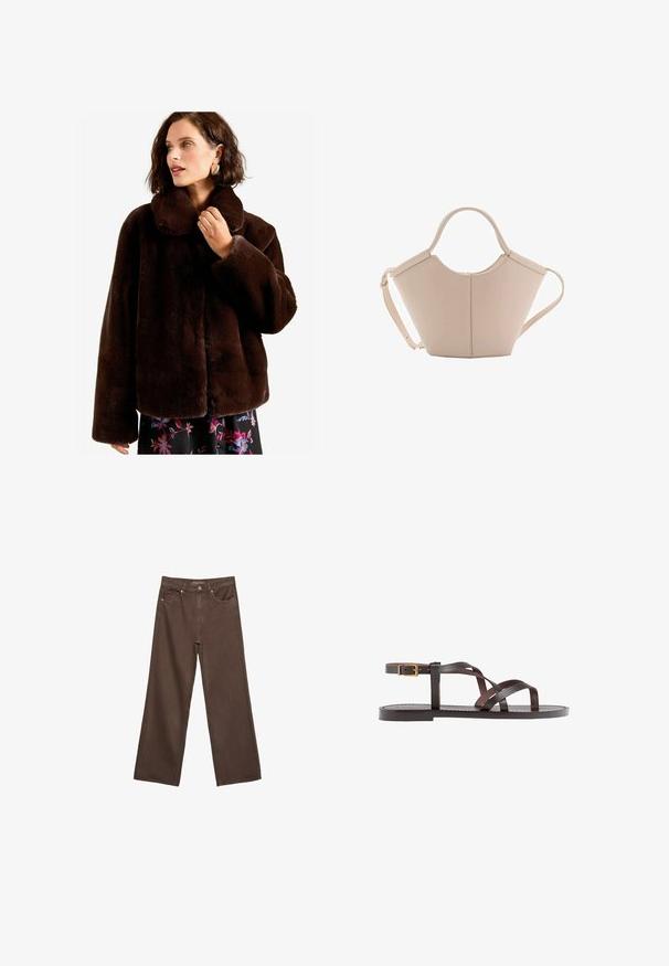 Brun fuskpälsjacka med bred krage, oversize passform och knäppning. Mjuk textur med långa ärmar och något cropped nederkant.; Mörkbrun stickad tröja med rundad halsringning, sänkta axlar, ribbade ärmslut och nederkant, med en mjuk textur och avslappnad passform.; Breda bruna jeans i denim med hög midja, framfickor och klassisk knäppning. Slät textur med subtil sömnad.; Bruna lädersandaler med korsade remmar, spänne runt vristen och en platt sula med minimala sömnadsdetaljer.; Beige läderhandväska med en unik form, med två korta handtag och ett långt justerbart axelband. Slät textur med minimal hårdvara.