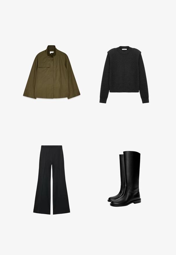 Olivno zelena, jakna z dolgimi rokavi in visokim ovratnikom. Ima en sam žep na prsih in minimalističen dizajn z gladko, mat teksturo.; Temno siva, skrajšana puloverja z dolgimi rokavi, okroglim ovratnikom in teksturirano površino. Preprost dizajn brez vzorcev ali okrasitev.; Črne široke hlače z gladko teksturo, ki imajo sprednje nabore in kroj po meri. Tkanina je lahka in zračna.; Črne usnjene škornje do kolen z gladko teksturo, zaobljenim prstom, ravnim podplatom in minimalističnim dizajnom, ki vsebuje šivane šive in brez vidne opreme.
