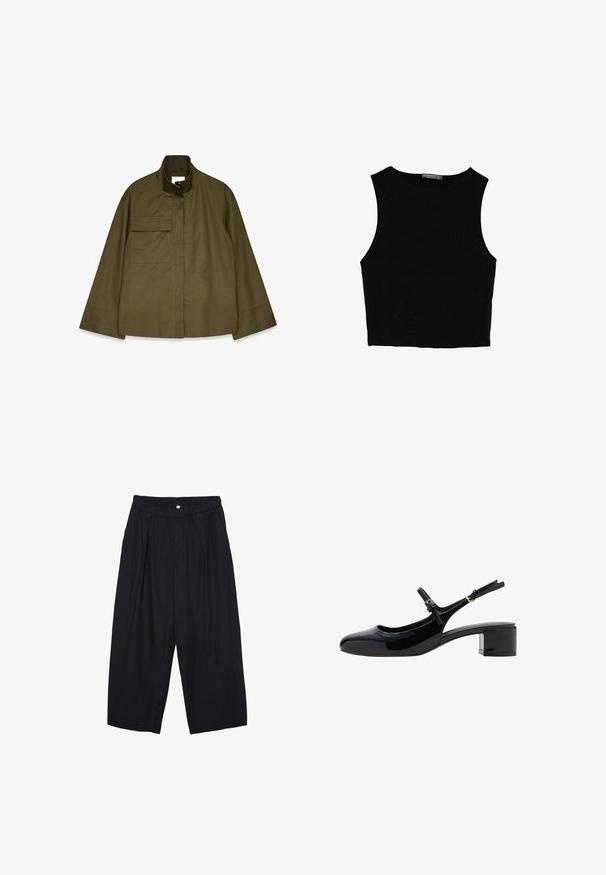 Olivenfarvet jakke med lange ærmer og høj krave. Har en enkelt brystlomme og et minimalistisk design med en glat, mat tekstur.; Sort ærmeløs crop top lavet af glat stof, med rund hals og et rent, enkelt design uden mønstre eller hardware.; Sorte polyester culotte bukser med elastisk talje, to forpiber og en løs silhuet. Ingen synlige mønstre eller hardware detaljer.; Sorte patentlæder slingback sko med rund tå, mellemhøj blokhæl og justerbar ankelrem med en guldfarvet spænde.