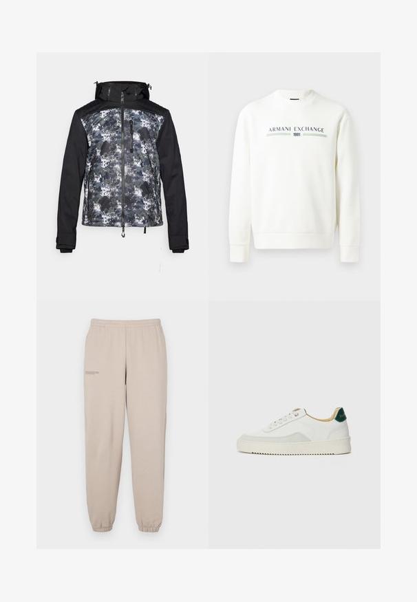 Herrenjacke mit einer schwarzen Kapuze und Ärmeln, einem camouflagemusternden Oberteil in Grautönen und Grüntönen. Mit Reißverschluss und Taschen auf der Vorderseite.; Weißer Sweatshirt mit Rundhalsausschnitt, langen Ärmeln und gerippten Bündchen. Mit einem gedruckten Logo "Armani Exchange 1991" in Blau und Grün.; Beige Sweatpants aus weichem Stoff, mit einem elastischen Bund und Bündchen, sowie einem kleinen bedruckten Textdetail am linken Bein.; Weiße Sneaker mit Wildlederelementen, runder Zehenpartie, flachen Schnürsenkeln und einer cremefarbenen Gummisohle. Mit grünen Markenlogo am Fersenbereich.