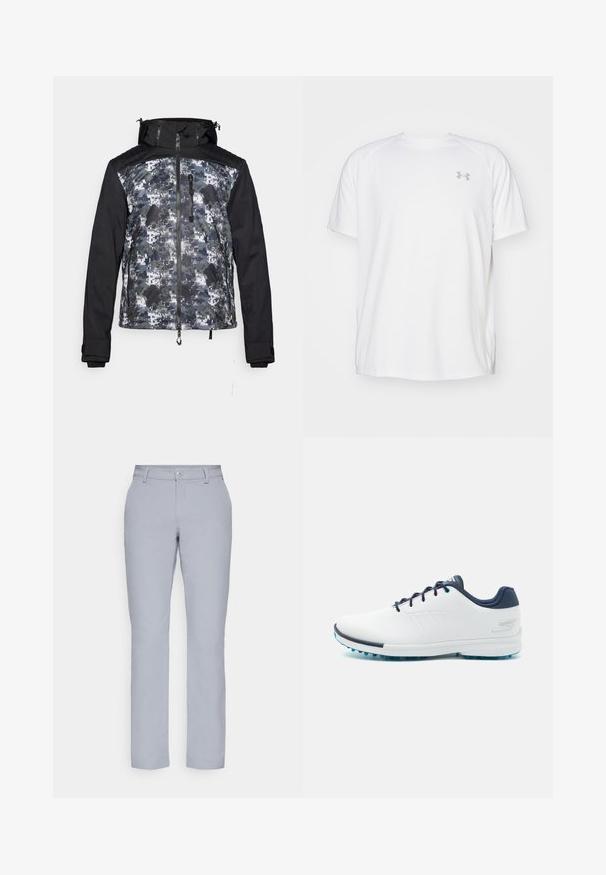 Meeste jope, millel on must kapuuts ja varrukad, ning kehad, millel on halli ja rohelise tooni kamuflaažimuster. Sisaldab esist lukku ja taskuid.; Valge lühikeste varrukate ja sportliku lõikega särk, millel on sile kangas. Omab ümarat kaelust ja halli logo vasakul rinnal, ning külgsuured lõhik kui lõhateel.; Heledad hallgrayd püksid, sirge lõikega, nööbiga sulgemine, esiosakud ja sile, tekstuuriga kangas. Minimalistlik disain, ilma mustriteta.; Valged spordijalanõud sileda sünteetilise ülemise osaga, siniste aksentidega, tekstureeritud tumesinise kontsaga ja kergest, narmastega tallaga hea haarduvuse tagamiseks.