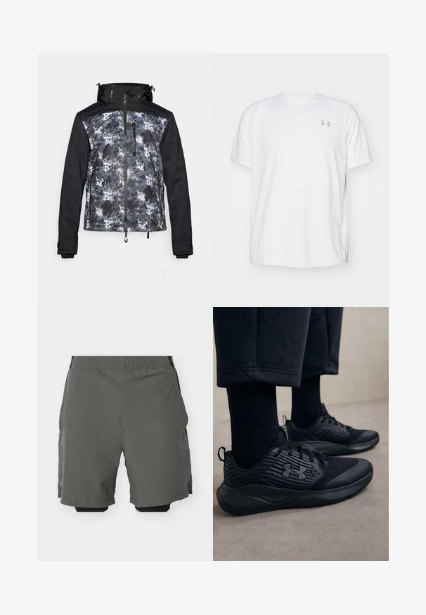 Herrenjacke mit einer schwarzen Kapuze und Ärmeln, einem camouflagemusternden Oberteil in Grautönen und Grüntönen. Mit Reißverschluss und Taschen auf der Vorderseite.; Weißes kurzärmeliges Sportshirt aus glattem Material. Mit Rundhalsausschnitt und grauem Logo auf der linken Brust, sowie seitlichen Schlitzen am Saum.; Graue Sportshorts aus glattem, leichtem Stoff mit einem elastischen Bund, ausgestattet mit inneren Kompressionsshorts und Seitentaschen.; Person in schwarzen Sport Sneakers mit strukturierten Seiten und Logo, kombiniert mit schwarzen Socken und kürzeren Hosen auf einem hellen Boden.