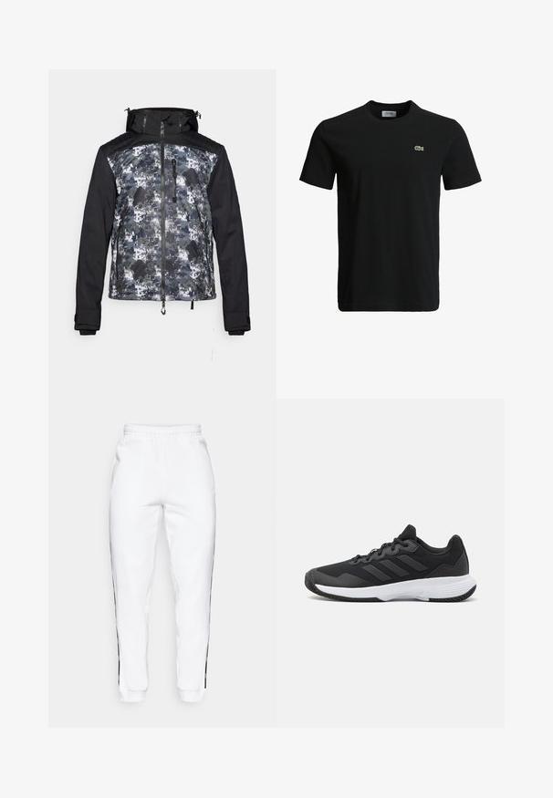 Pánská bunda s černou kapucí a rukávy, se vzorem maskáče v odstínech šedé a zelené na těle. Obsahuje přední zip a kapsy.; Černé bavlněné tričko s kulatým výstřihem, krátkými rukávy a malým zeleným krokodýlem na levé hrudi. Hladká textura, neformální design.; Bílé tepláky s elastickým pasem, zdobené černými bočními pruhy a manžetami. Vyrobené z měkké tkaniny s hladkým povrchem.; Černá sportovní obuv s texturovaným svrškem, třemi vodorovnými pruhy a bílou podrážkou s vzorovaným profilem. Lehký a aerodynamický design.