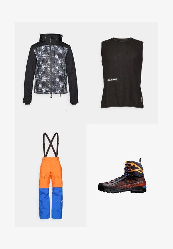 Herrenjacke mit einer schwarzen Kapuze und Ärmeln, einem camouflagemusternden Oberteil in Grautönen und Grüntönen. Mit Reißverschluss und Taschen auf der Vorderseite.; Ärmelloses schwarzes Oberteil aus strukturiertem Material mit einem weißen "Mammut"-Logo und einem kleinen roten Akzent-Tag an der Seite, runder Ausschnitt.; Orange und blaue wasserdichte Hosen mit verstellbaren schwarzen Trägern, vorderen Reißverschlusstaschen und verstärkten Kniefeldern für Outdoor-Aktivitäten.; Schwarze und orange Wanderschuhe aus Mesh- und Gummi-Materialien. Mit blauen Akzenten, strukturierten Mustern und einem hohen Knöcheldesign zur Unterstützung.