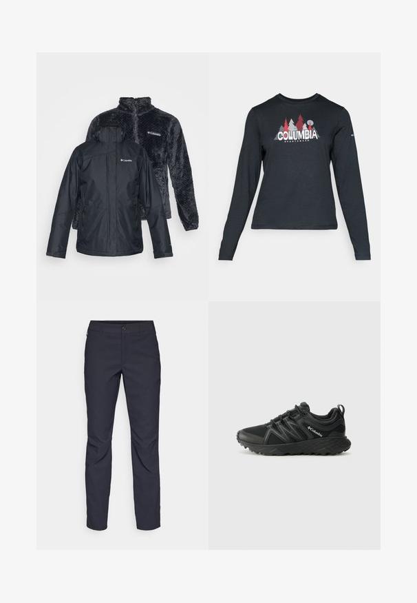 Melna ūdensizturīga jaka ar vairākiem kabatām ar rāvējslēdzējiem, priekšā aizverama. Aizmugurē tumši pelēka vilnas jaka ar strukturētu rakstu un augstu apkakli.; Tumšs pelēks krekls ar garām piedurknēm, ar grafiku, kurā attēloti sarkani koki un kalni; "COLUMBIA" logo treknā baltā tekstā. Mīksta auduma, standarta apaļa kakla izgriezums.; Navy zila bikses, kas izgatavotas no gludas auduma, ar priekšējo pogu aizdari, pieguļošu siluetu un krokām pie ceļgaliem.; Columbia PEAKFREAK - Pārgājienu apavi - black