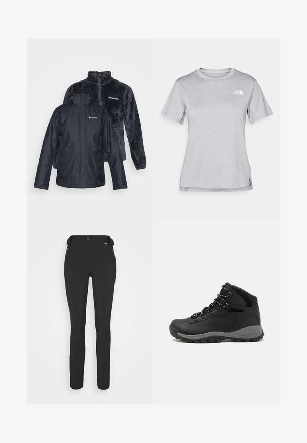 Veste noire imperméable avec plusieurs poches zippées, fermeture à l'avant. Derrière, une veste en polaire grise foncée avec un motif texturé et un col haut.; T-shirt gris à manches courtes fabriqué en tissu doux et évacuant l'humidité. Il présente un col rond et un petit logo blanc en haut à gauche.; Pantalons noirs ajustés en matériau flexible. Les caractéristiques comprennent une poche latérale zippée, des genoux articulés et une texture lisse.; Botte de randonnée noire au design mi-haut, avec un dessus texturé, des accents gris et une semelle en caoutchouc durable avec des crampons de traction.